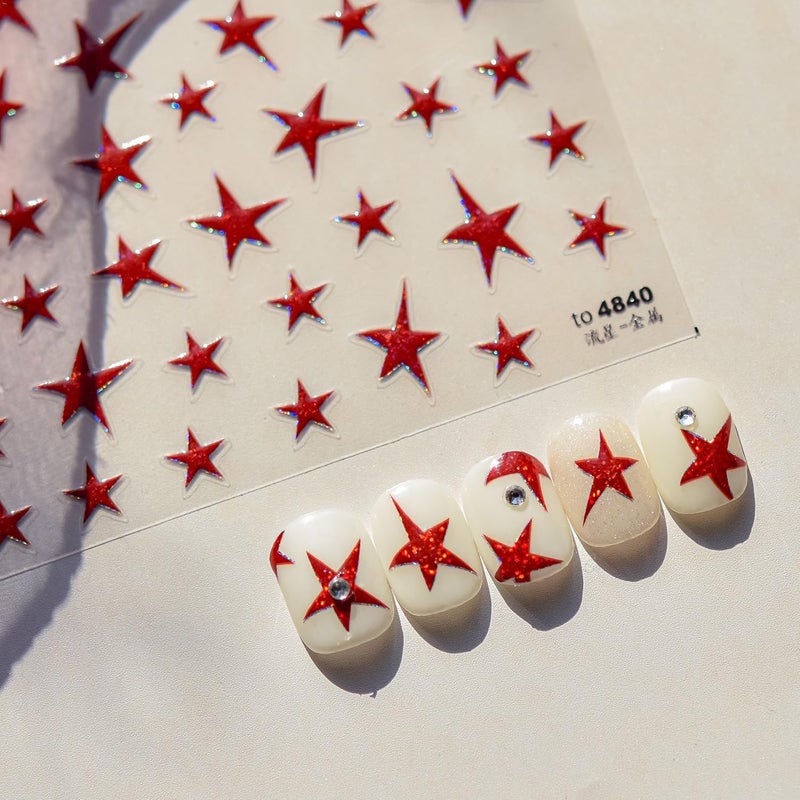 CTTHNBD Star Nail Art Stickers Red Star Nail Stickers Red Nail Decals 3D Embossed Self Adhesive Shiny Nail Art Stickers Decals for Acrylic Nails Women Manicure Decorations - Image 3